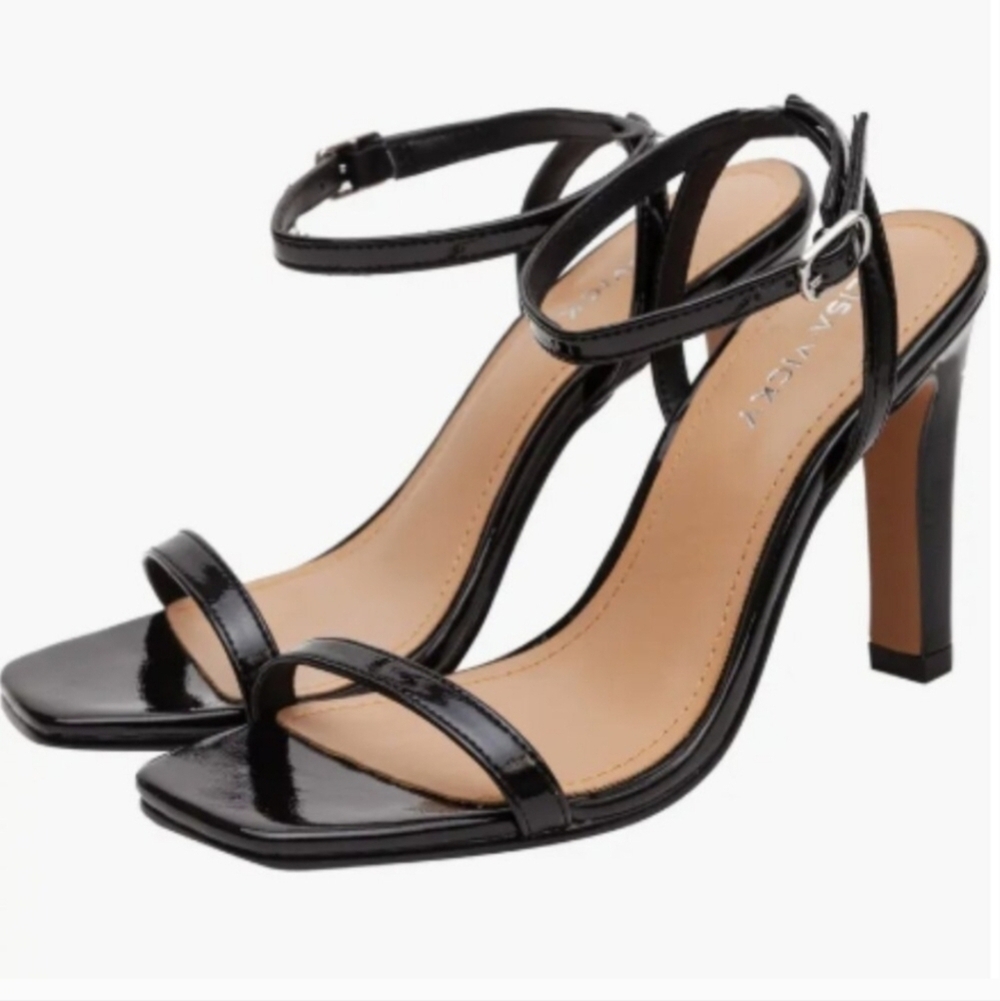 Lisa Vicky Grace Black Patent Ankle Strap Sandal Heels Black NWT in Box Size 8